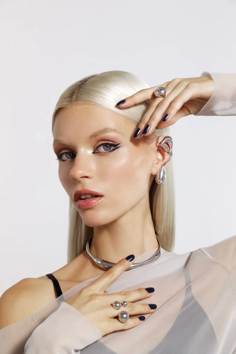 Silver Asymmetrical Liquid Earring - Image 3