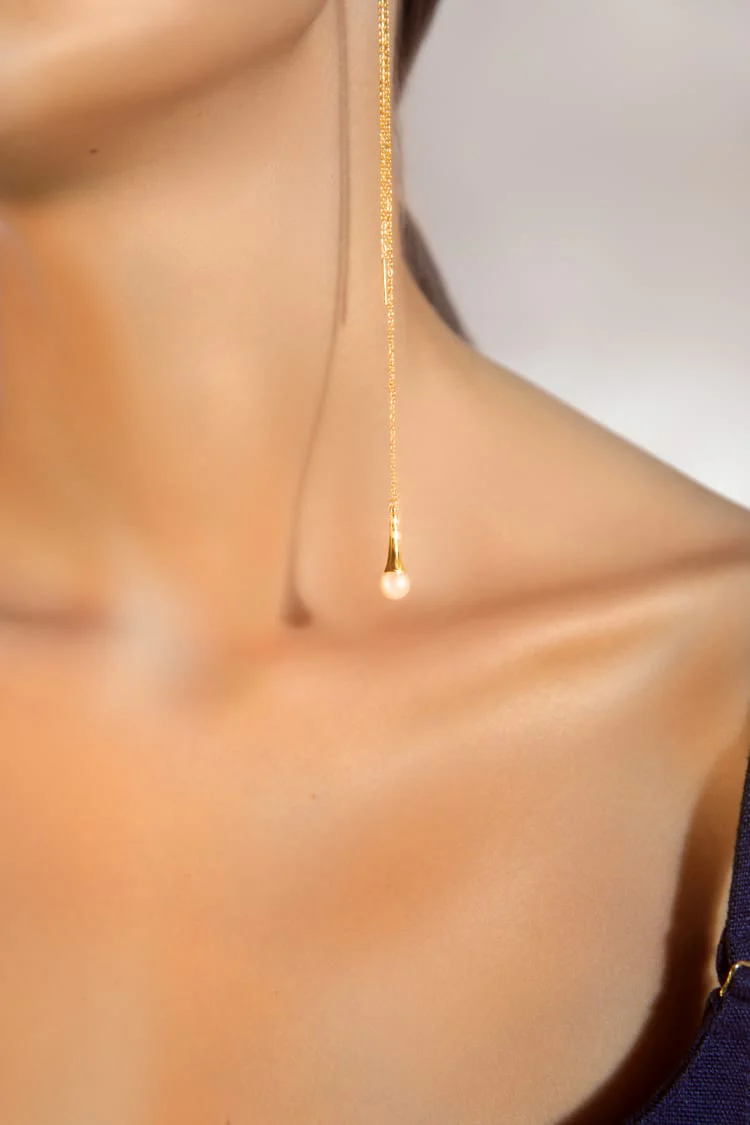 Gold Drop Earrings with Pearl - Image 5
